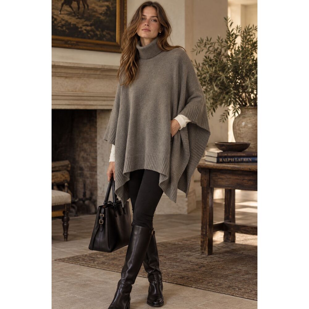 Ralph Lauren Gray 100% Cashmere Turtleneck Poncho Sweater Women's Size Medium